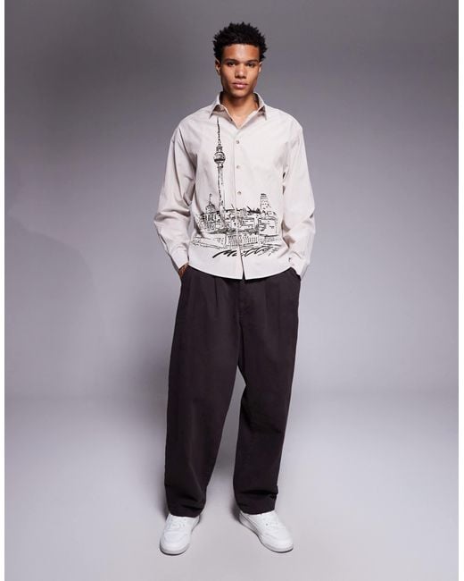 ASOS Gray Oversized Stripe Shirt With Landscape Print for men