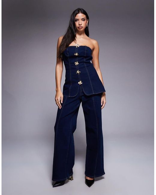 River Island Blue Flower Button Detail Denim Jumpsuit