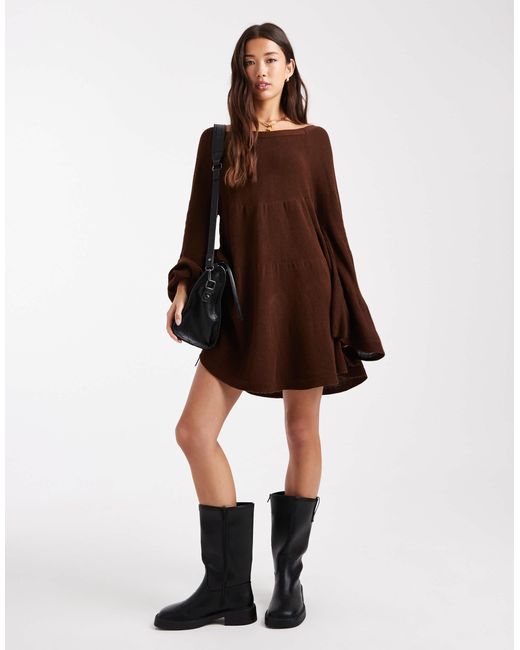 Miss Selfridge Brown Tired Long Sleeve Knit Floaty Smock Dress