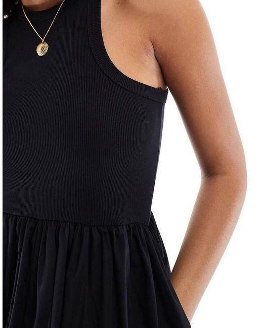 Y.A.S Black Racer Neck Jersey And Cotton Hybrid Maxi Dress