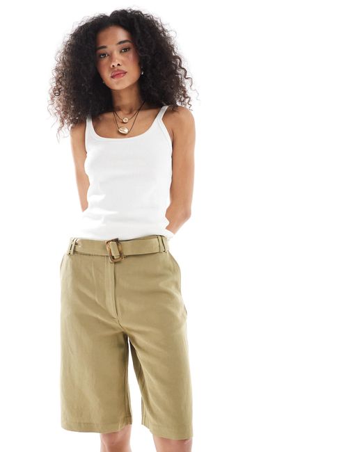 ASOS Natural Tailored Longline Belted Shorts With Linen
