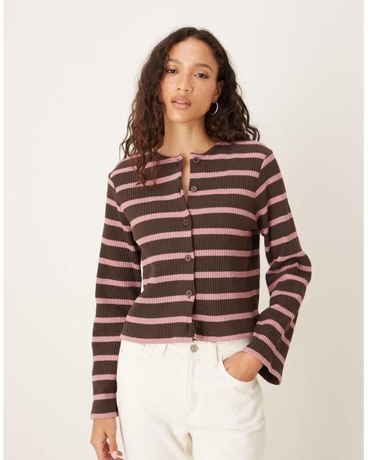 ASOS Brown Cut And Sew Stripe Button Through Long Sleeve Top Co Ord