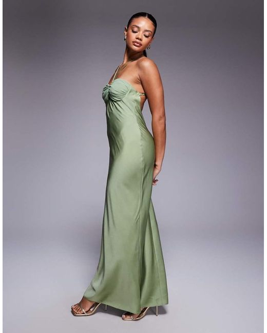ASOS Green Satin Strappy Halter Maxi Dress With Contrast Bust