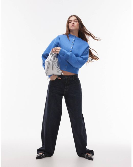 TOPSHOP Blue Knitted Compact Fitted Waist Cardi