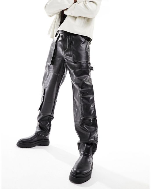 Pantalon cargo coupe baggy en imitation cuir avec coutures contrastantes ASOS pour homme en coloris Black