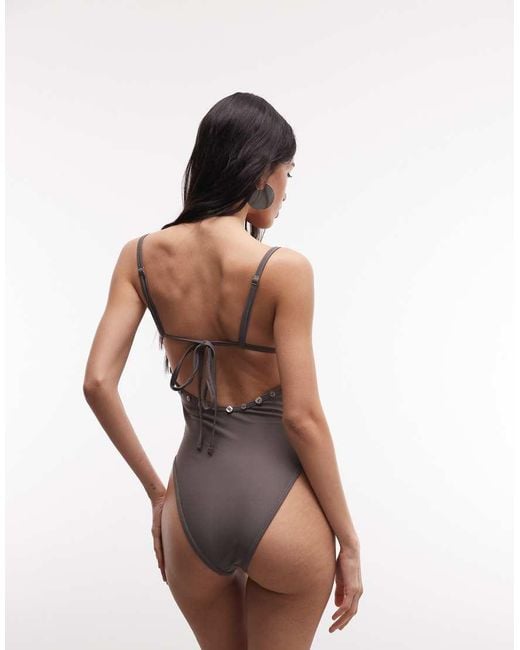 Collusion Black Button Trim Straight Neck Swimsuit