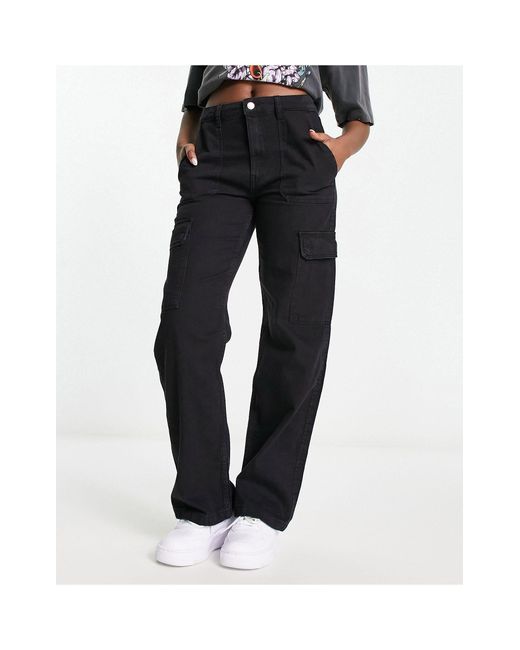 Bershka High Waisted Contrast Stitch baggy Cargo Jeans in Black | Lyst