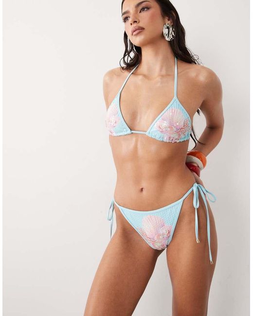 South Beach Blue Pink Shell Print Tieside Bikini Bottom