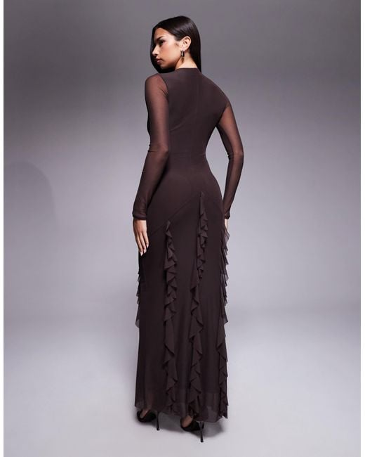 ASOS Purple Mesh Long Sleeve Maxi Dress With Waterfall Ruffle Skirt Detail