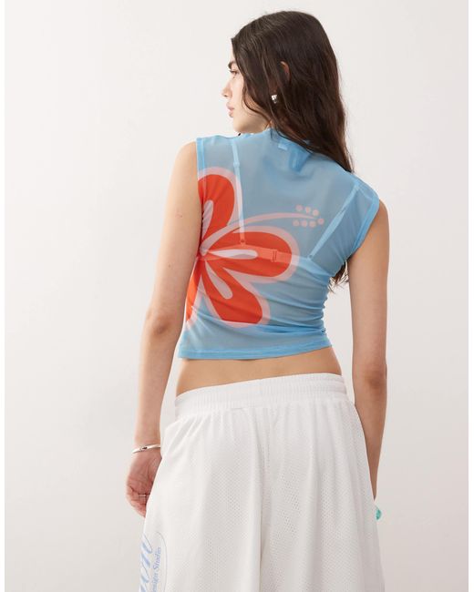 Collusion Blue Sheer Placement Print Mesh Funnel Neck Top