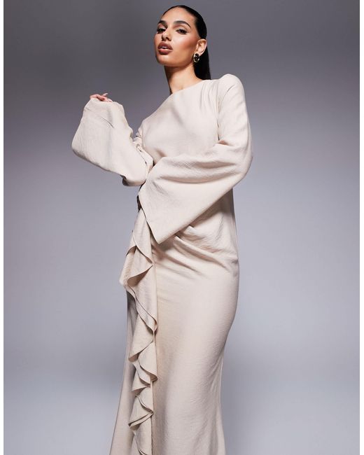 ASOS Long Sleeve Linen Maxi Dress With Ruffle Skirt in Natural | Lyst