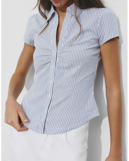 Pull&Bear Blue – kurzärmlige hemdbluse