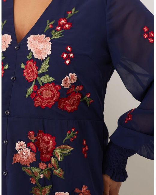 Hope & Ivy Plus Blue Chiffon V Neck Button Front Floral Embroidered Midi Dress