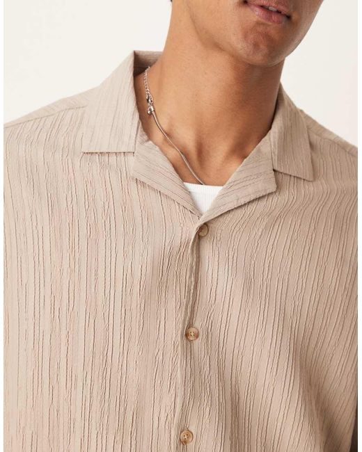 ASOS Natural Co-ord Textured Boxy Oversized Revere Shirt for men