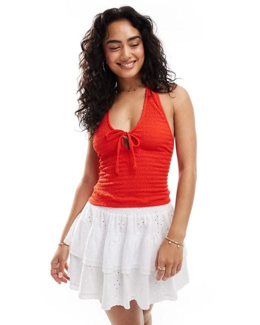 Miss Selfridge Red Textu Halter Neck Top