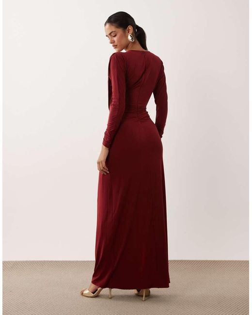 Forever New Red Slinky Long Sleeve Drape Detail Maxi Dress