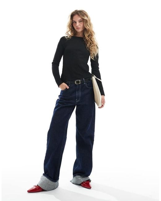 Brave Soul Top Met Boothals, Textuur En Lange Mouwen in het Blue