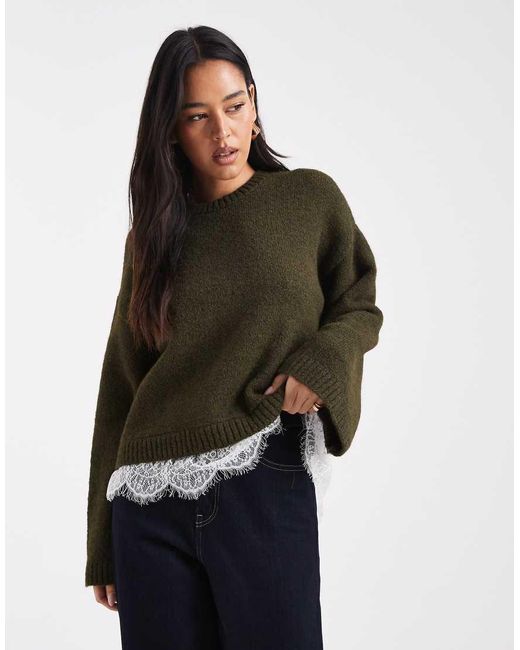 ASOS Blue Knitted Fluffy Wide Sleeve Jumper With Lace Hem
