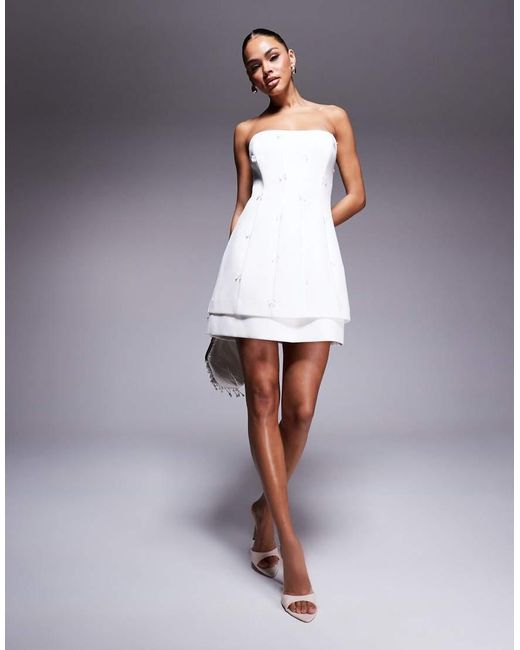 Forever New White Bridal Double Layer Bow Embellished Mini Dress