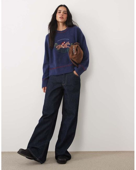 Abercrombie & Fitch Blue Knitted Crew Neck Horse Graphic Jumper