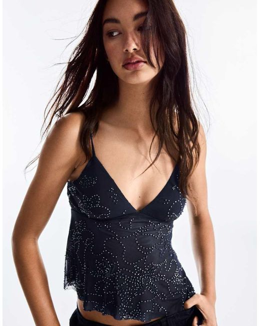 Bershka Black Rhinestone Mesh Strappy Top