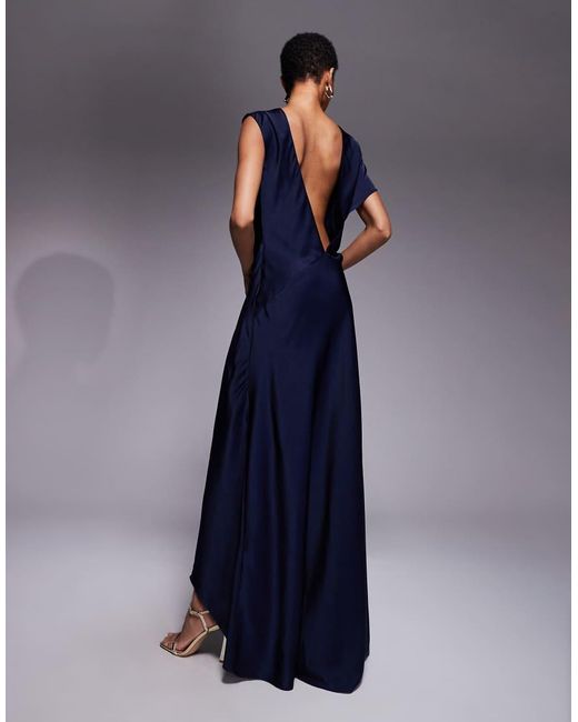 ASOS Blue Asos Design Tall Satin Asymmetric Neckline Maxi Dress With Pleat Shoulder And Skirt Detail