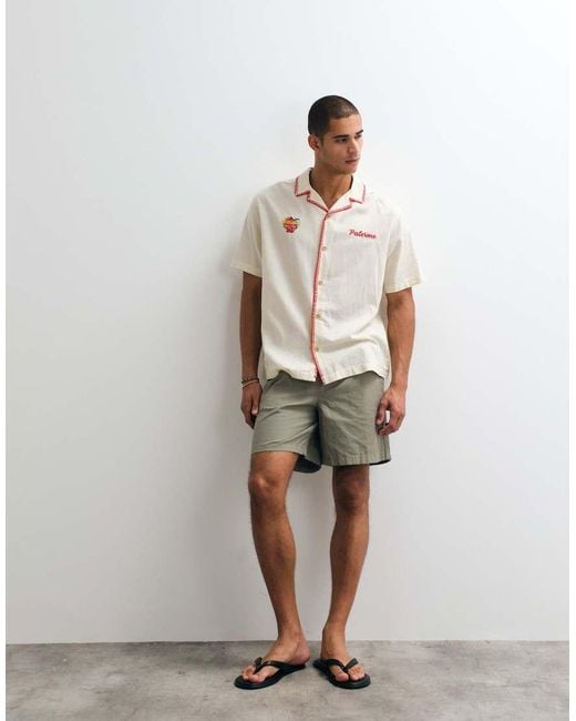 ASOS Natural Relaxed Revere Shirt With Linen And Chest And Border Embroidery for men