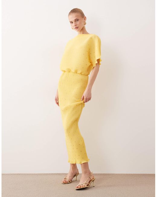 Never Fully Dressed Yellow Tilly Off Shoulder Plisse Midaxi Dress