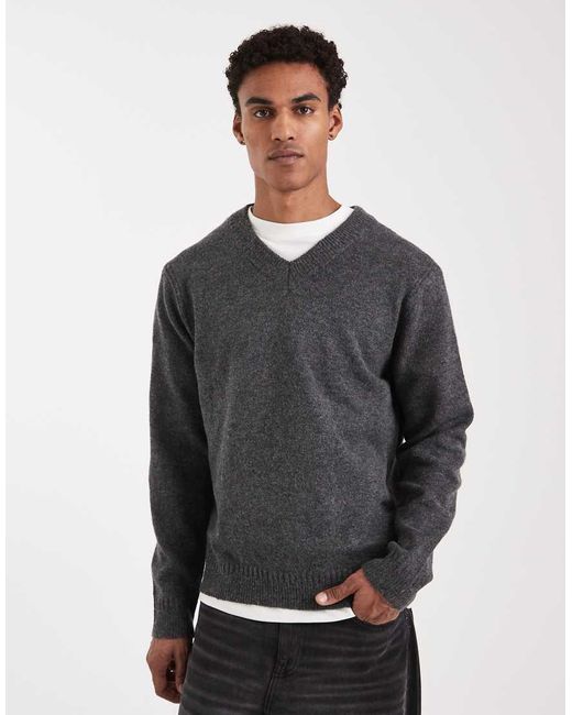 Only & Sons Gray Brushed Knit V Neck Jumper for men