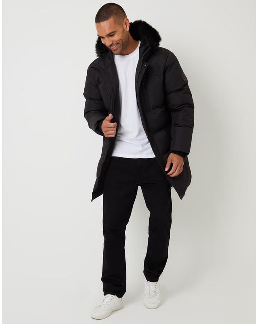Threadbare Black Showerproof Longline Quilted Parka Jacket for men