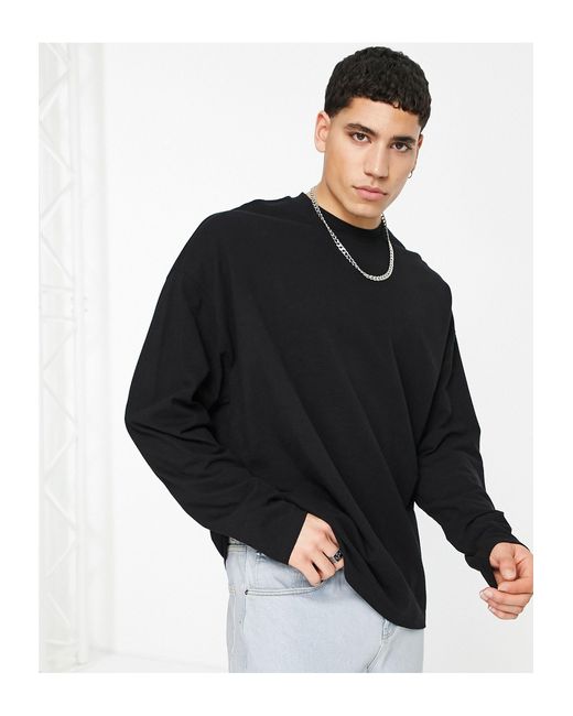 ASOS Cotton Long Sleeve Oversized Pique T-shrit in Black for Men | Lyst
