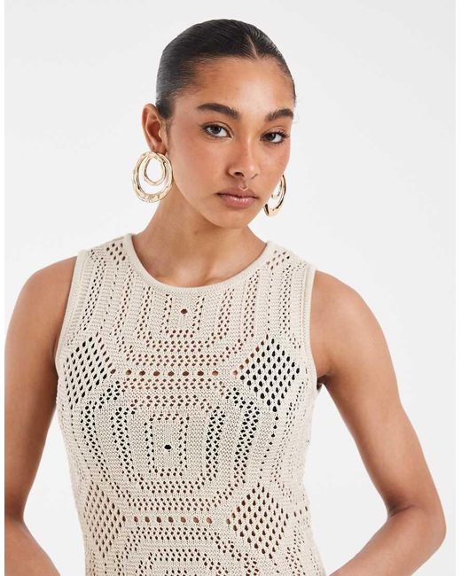 Aware White Sleeveless Patterned Crochet Mini Dress