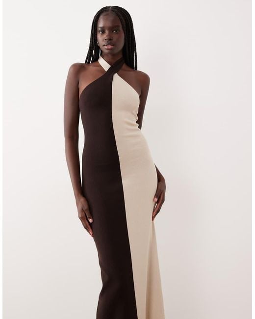 Pretty Lavish Natural Knit Twist Halter Neck Color Block Maxi Dress