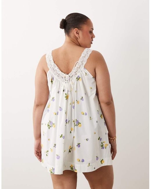 ASOS White Asos Design Curve V-neck Smock Poplin Mini Sundress With Lace Overlay