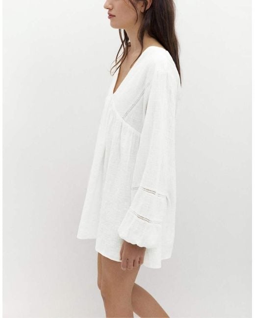 Pull&Bear White Short Puff Sleeve Dress