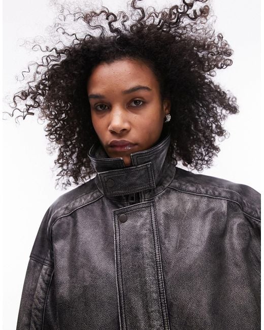 TOPSHOP Black Premium Real Leather Super Washed Oversized Bomber Jacket