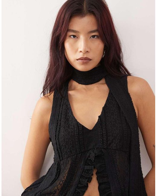 Reclaimed Vintage Black Lace Ruffle Tie Front Blouse With Matching Scarf