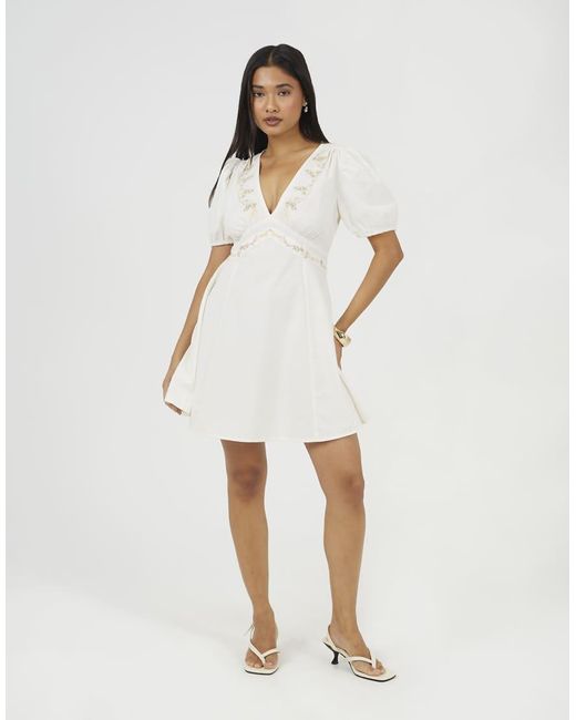Brave Soul White Puff Sleeve Mini Dress With Floral Embroidery