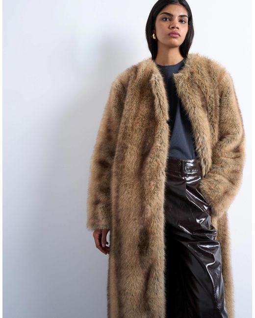 TOPSHOP White Faux Fur Collarless Long Coat