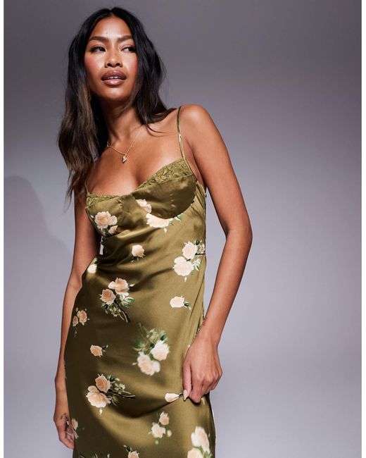 Love Triangle Metallic Satin Maxi Dress With Lace Trim Cups