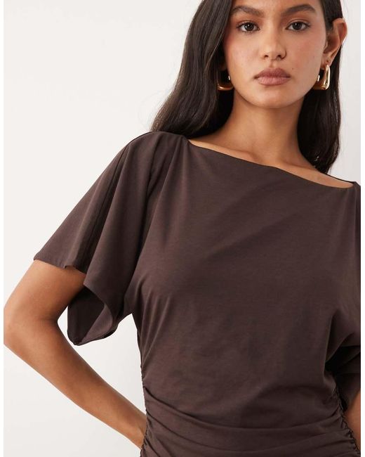 Abercrombie & Fitch Brown Slash Neck Flutter Sleeve Top