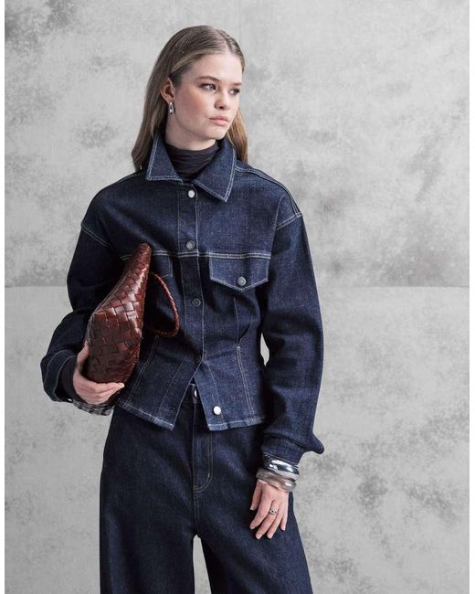 Mango Blue Flor 100% Cotton Cinched Waist Denim Jacket Co-Ord