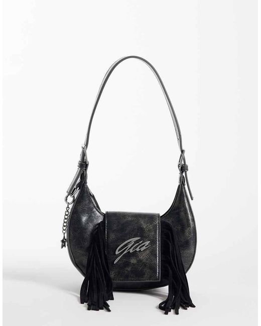 I.AM.GIA White Tia Textured Faux Leather Chrome Logo Detail Fringe Front Adjustable Shoulder Bag