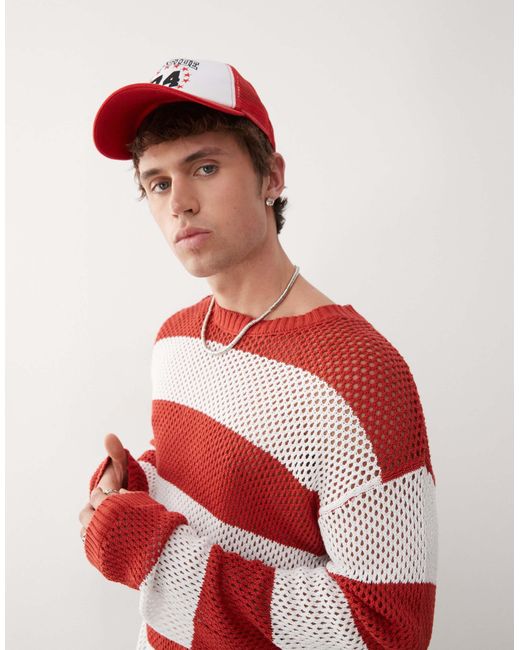 Pull en maille crochetée à rayures Collusion pour homme en coloris Red