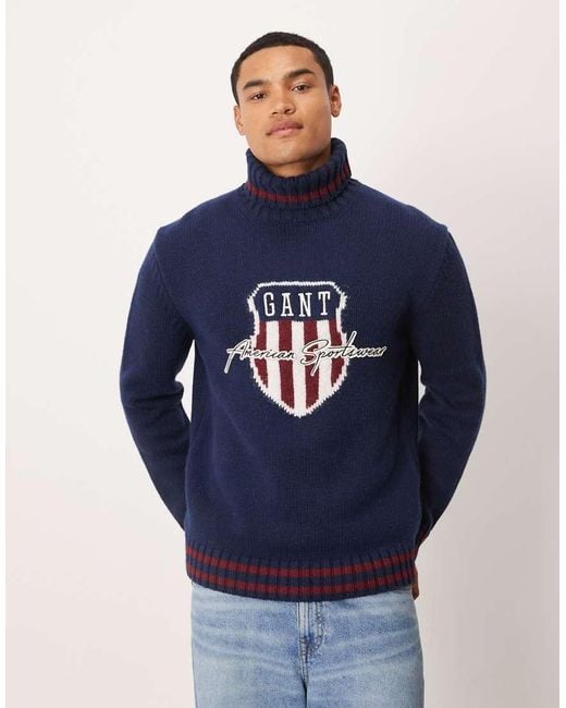 Gant Blue Wool Blend Roll Neck Knit Jumper With Embroidered Logo for men
