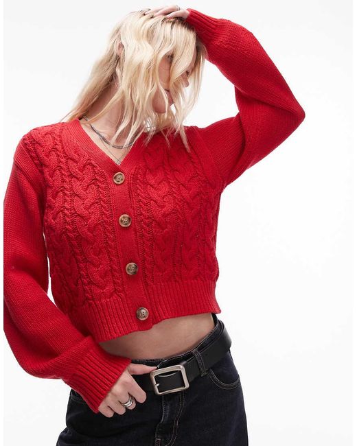 TOPSHOP Red Knitted Cable Cardi