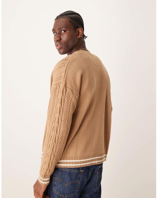 Gilet décontracté coupe carrée en maille torsadée avec liserés écrus - taupe ASOS pour homme en coloris White