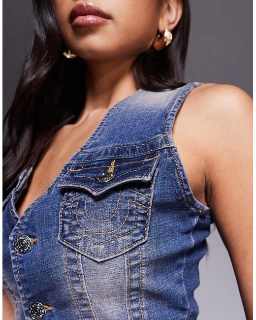 True Religion Blue Red Pigment Denim Button Through Singlet