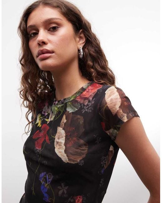 AllSaints Brown Ellie Mesh Short Sleeve Floral Top