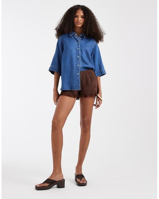 Object Blue Button Down 2/4 Sleeve Top